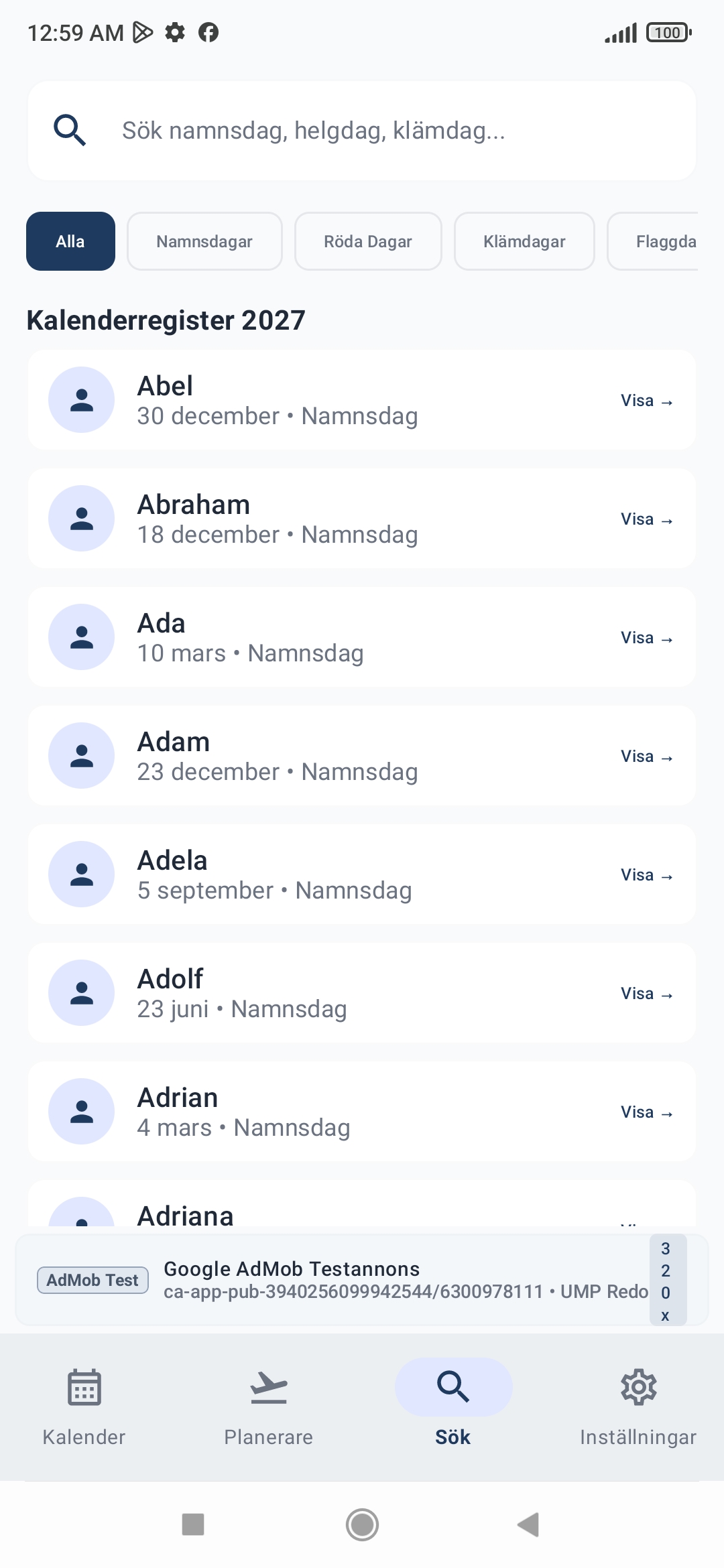 Kalender med namnsdagar 2027